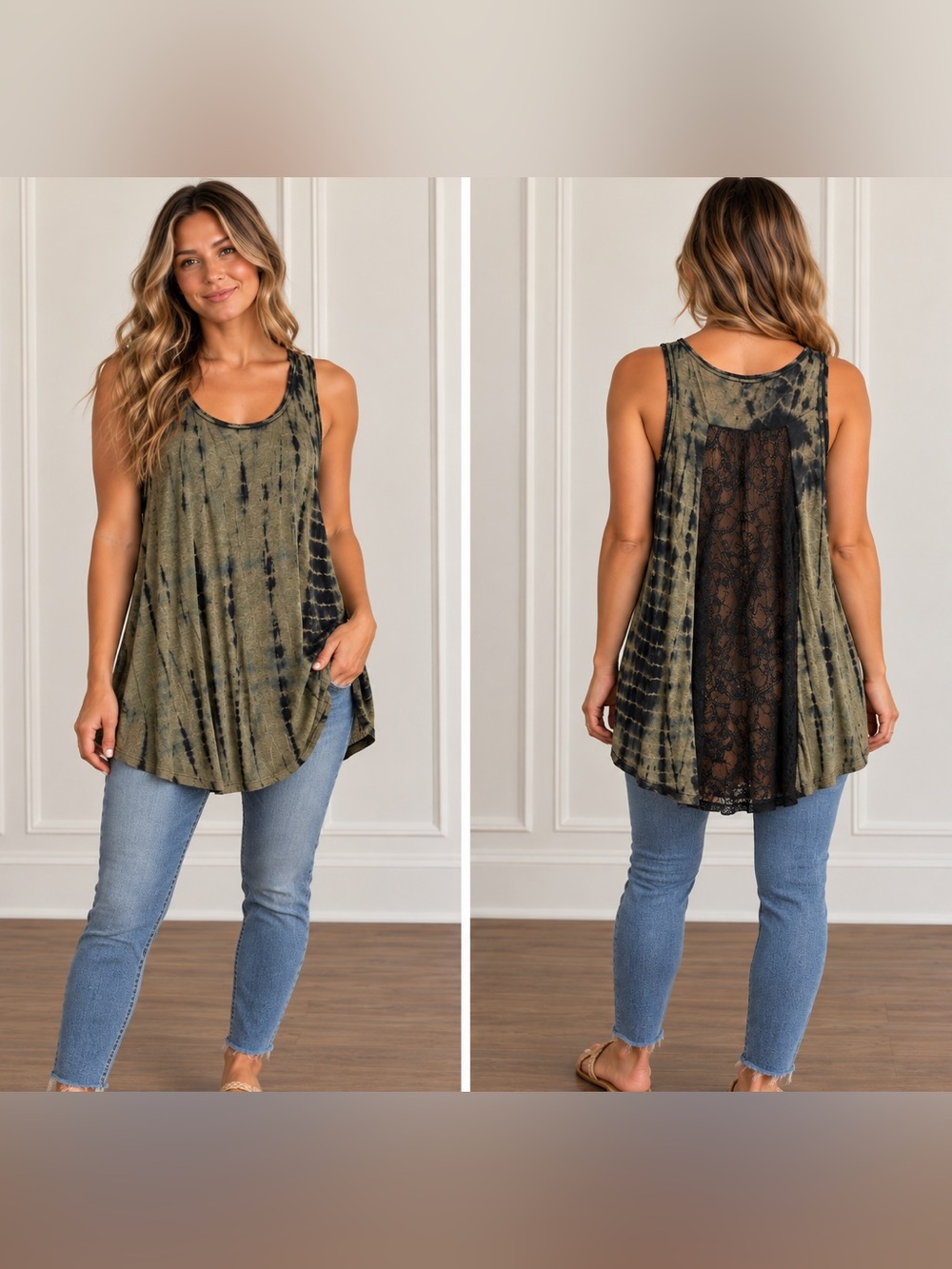 Sleeveless Olive and Black Tie-Dye Scoop Tank